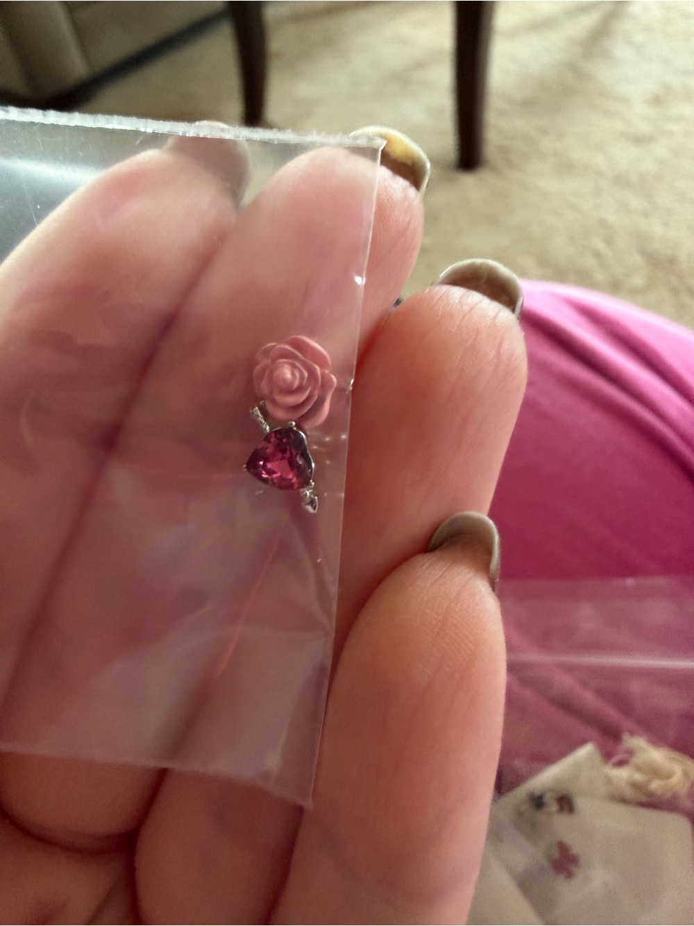 Pink Rose & Heart Charm set